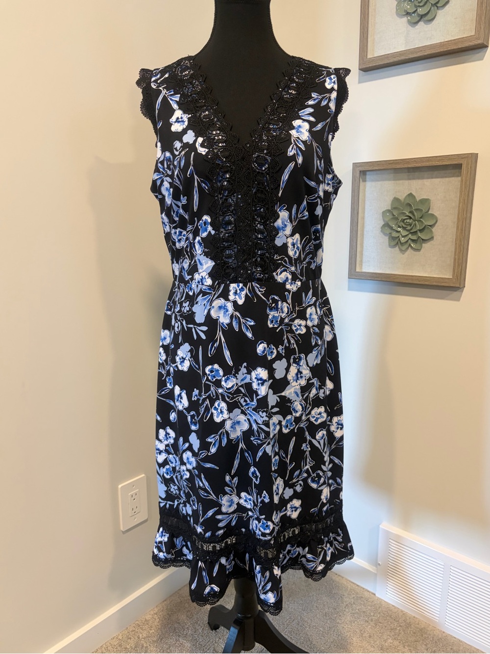 Karl Lagerfeld Black Midi Dress with Blue & White Floral Print & Lace Trim EUC